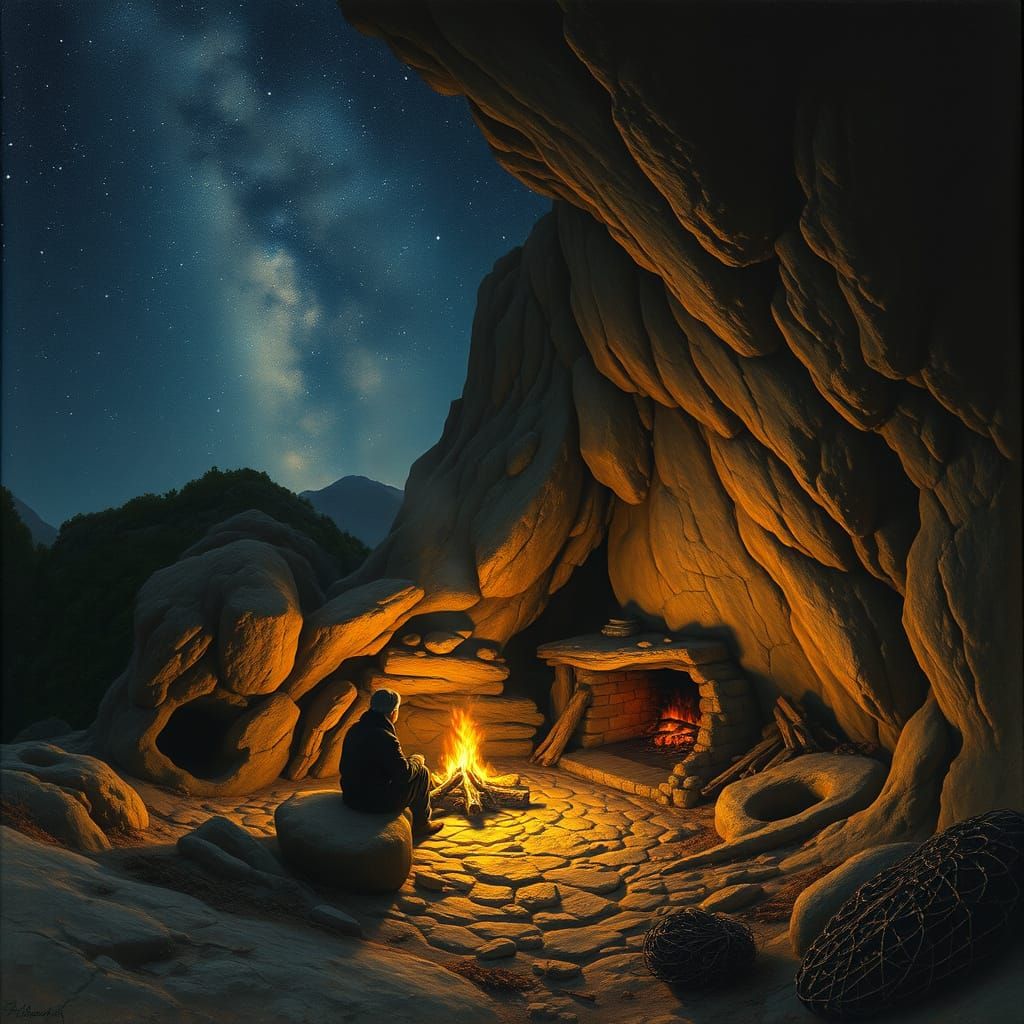 Cozy Cave Fireplace Under Starry Night Sky