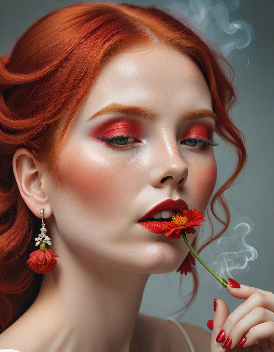 Red Haired Woman Smelling a Red Flower in a Smoke-Filled Sce...