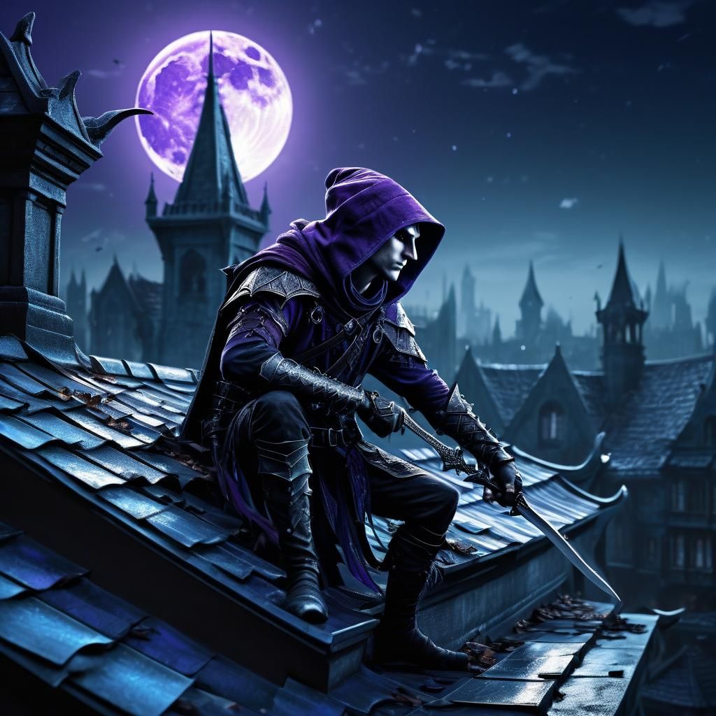 Elf Assassin on Rooftop in Dark Fantasy Art