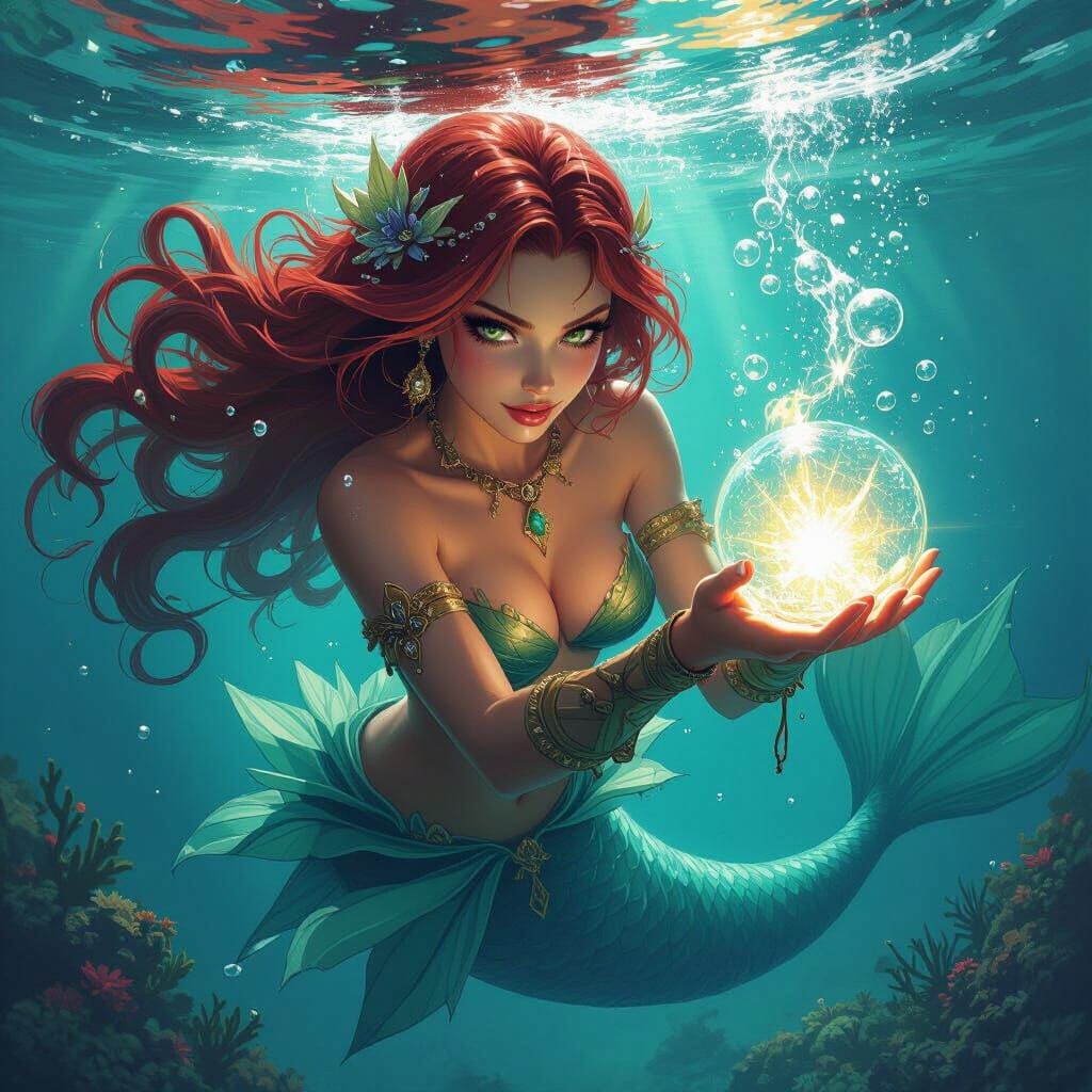 Warrior Mermaid Casting Bubble Spell: Anime Digital Art