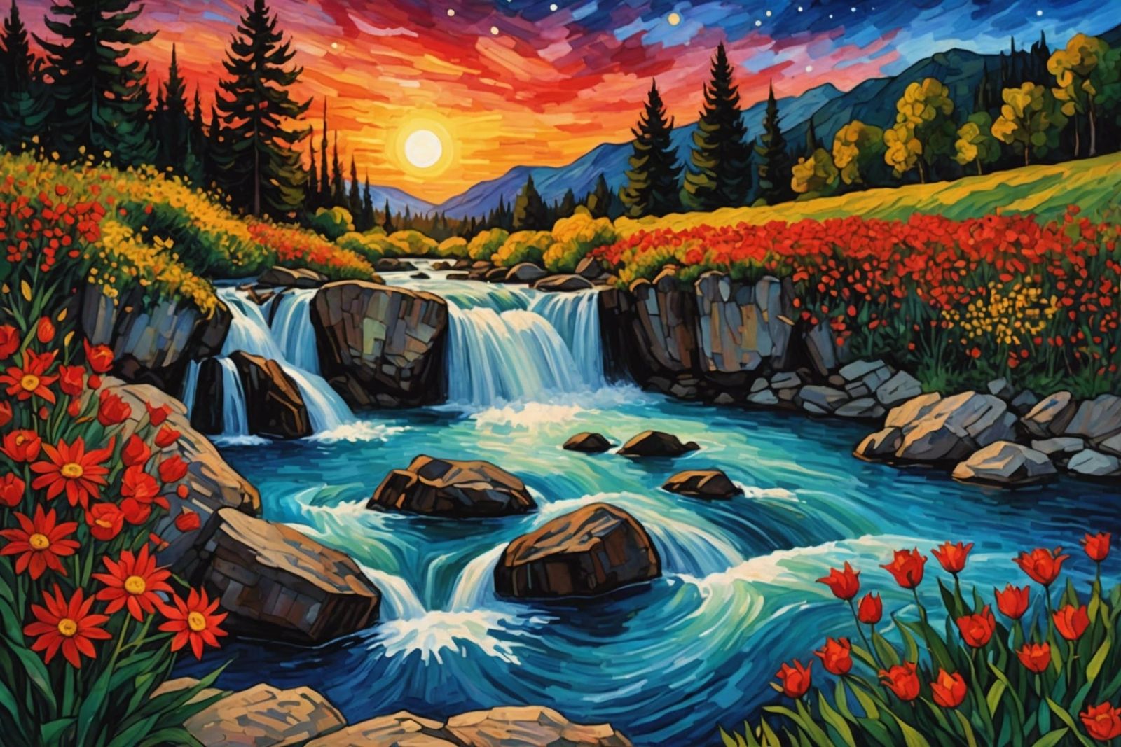 Gothic Waterfall River with Flowers in Watercolor Style