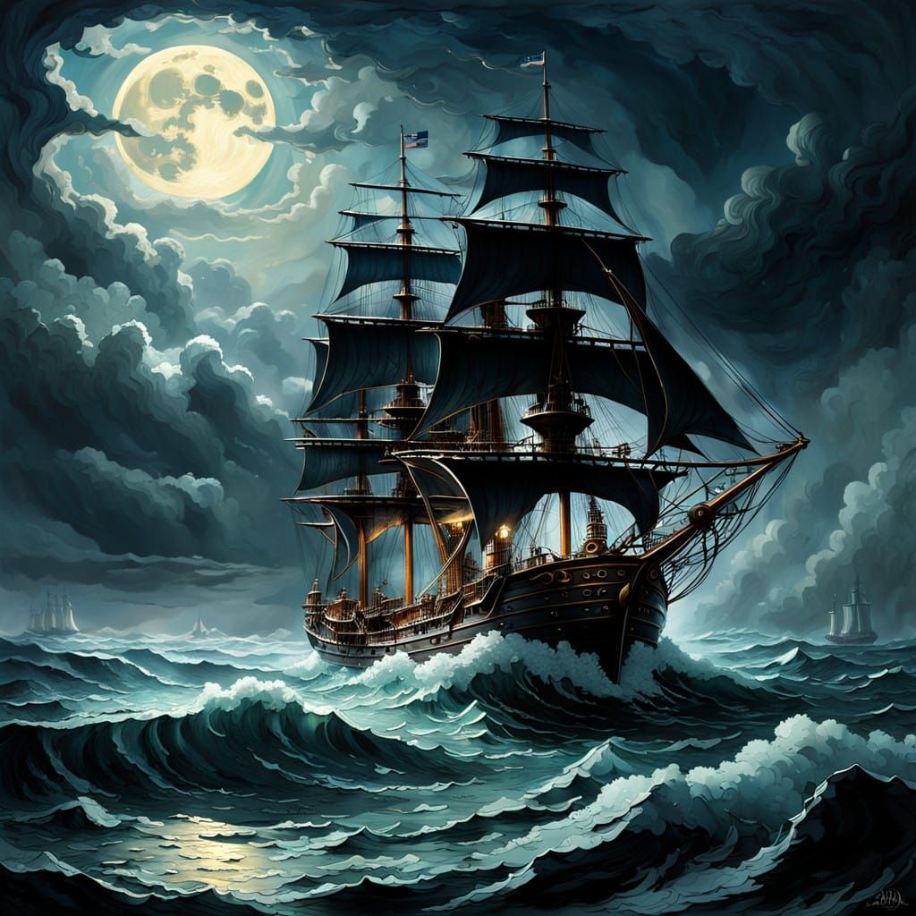 Steam-Powered Tall Ship Sails Through Winter Storm at Sea