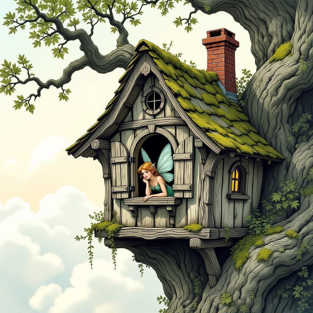 Whimsical Fairy in Rustic Treehouse Window