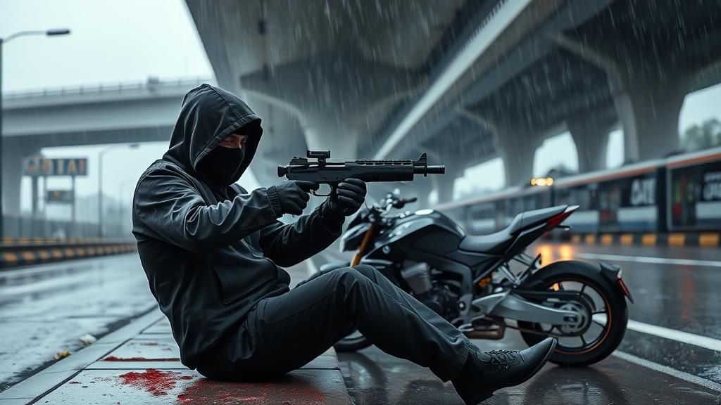 Wounded Man in Rain: Cinematic Noir Scene