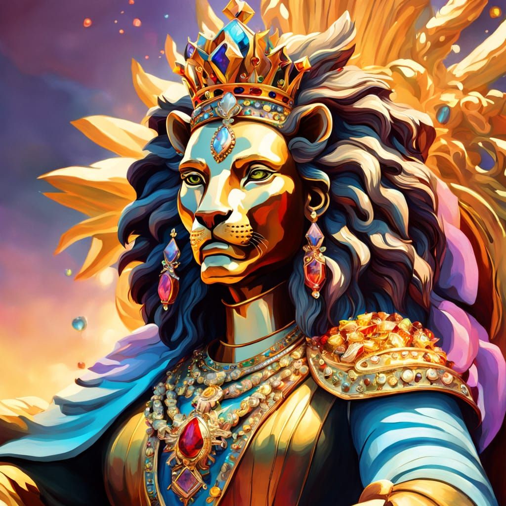 Lion Queen Goddess on Throne in Surrealist Oil Painting