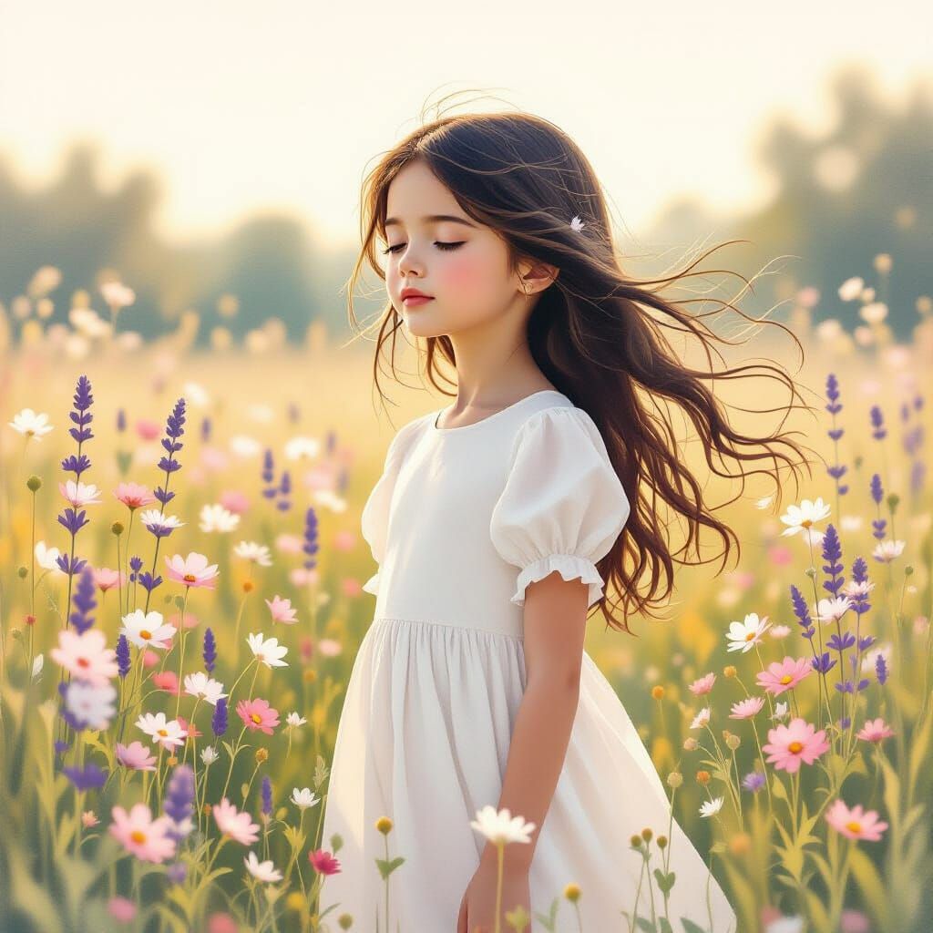 Ethereal Watercolor Of Girl At Sunrise