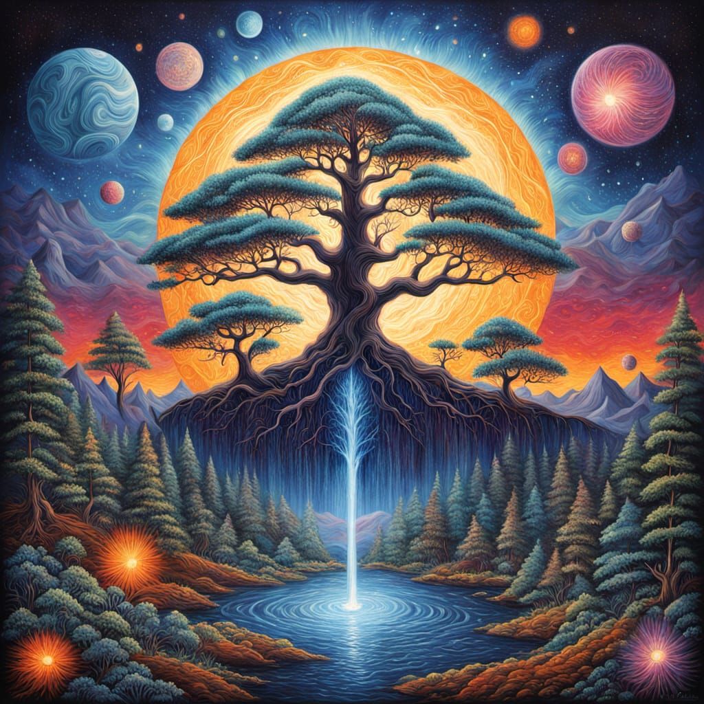 Cosmic Pine Forest Drips Manna in Vibrant Starfield