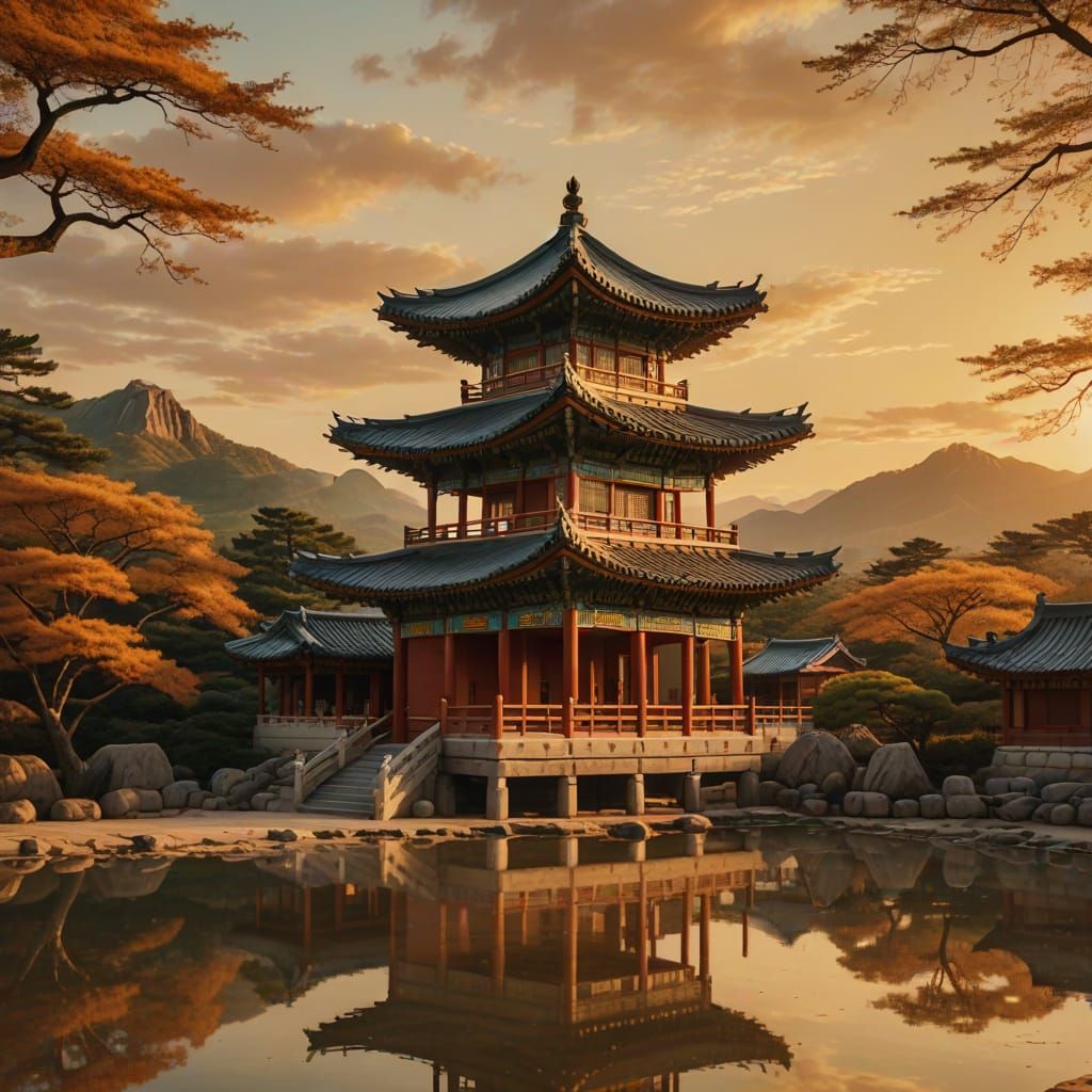 Ancient Korean Pavilion in Golden Sunset Light