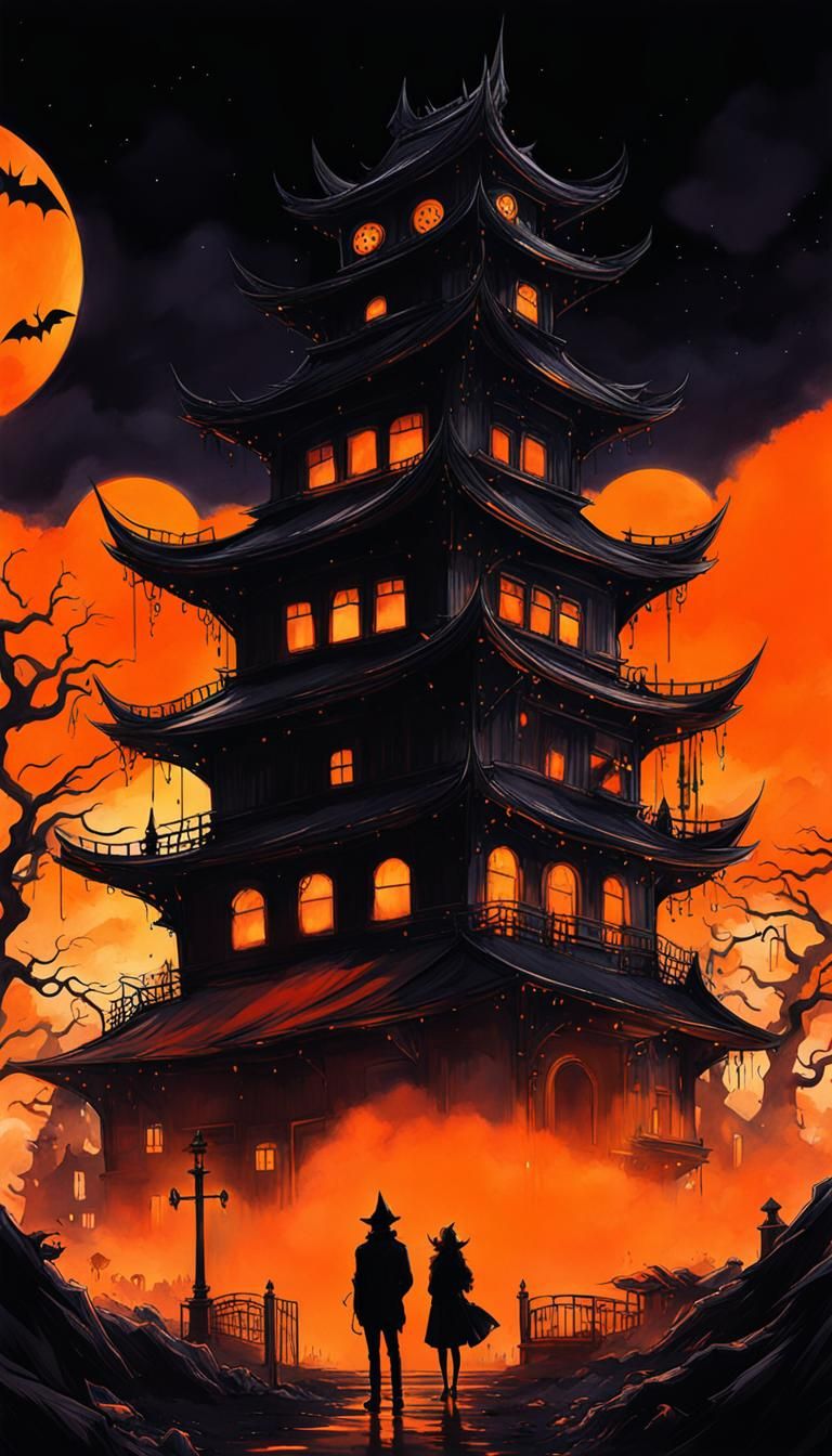 Spooky Halloween Town in Cyberpunk Vaporwave Style