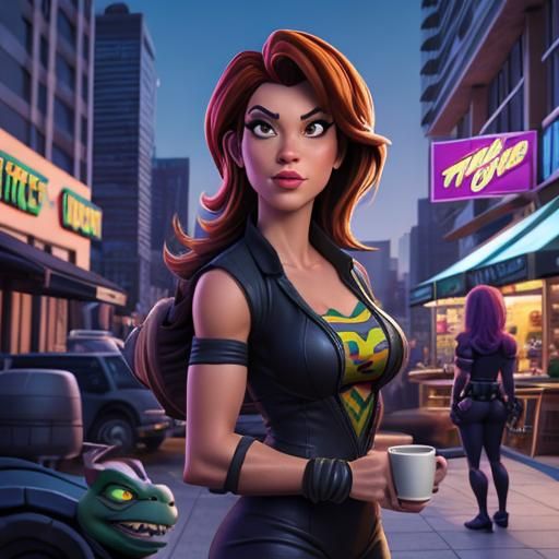 April O'Neil and Ninja Turtles Cityscape