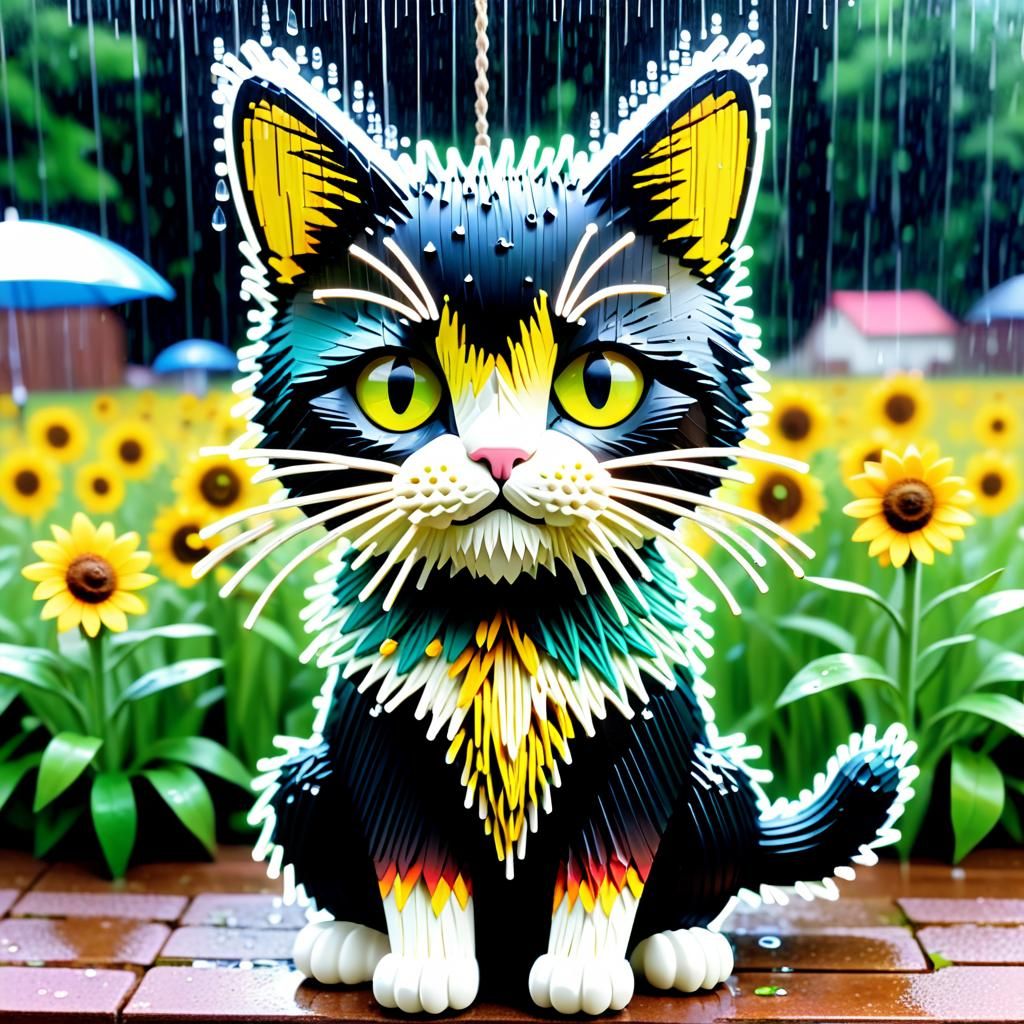 Glitchy String Art: Cat on Sunflower in Rain