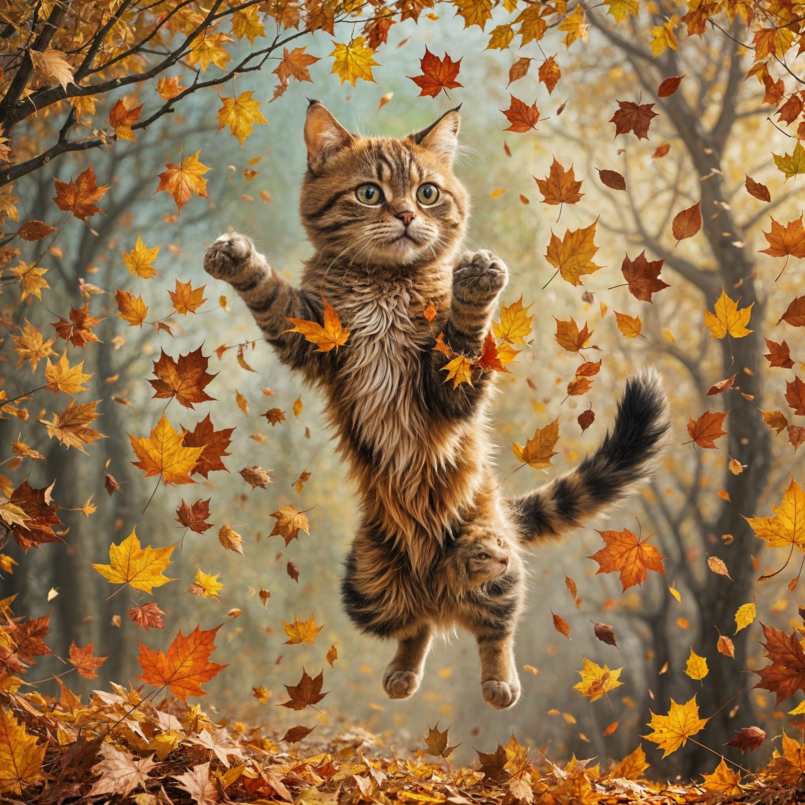Whimsical Autumn Cat Made of Leaves