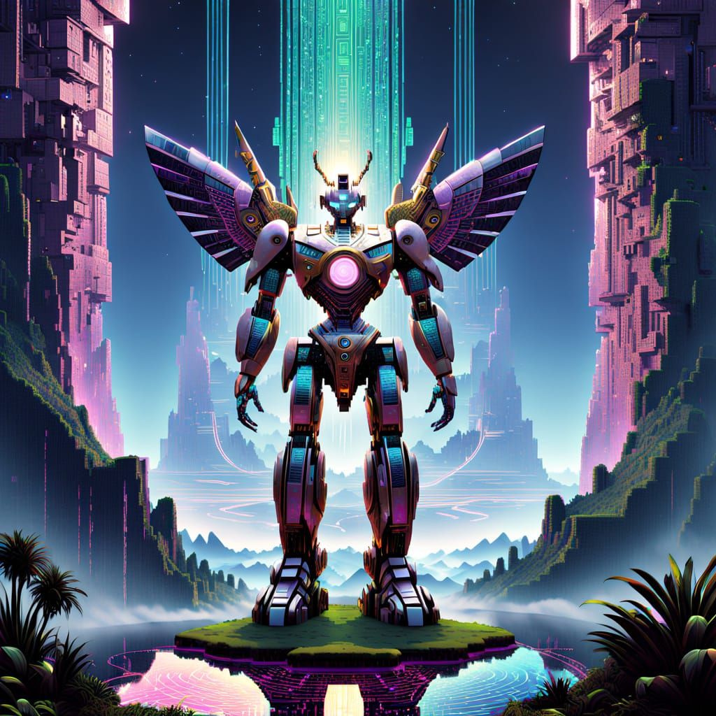 Robotic Deity Surveys Pixelated Digital Realm