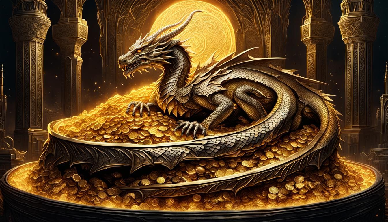 Art Deco Dragon Sleeping on Gold Hoard