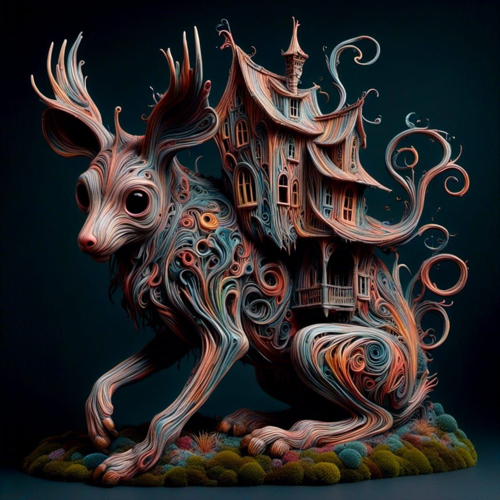 Surreal Creature with Crooked Anatomy and House Elements