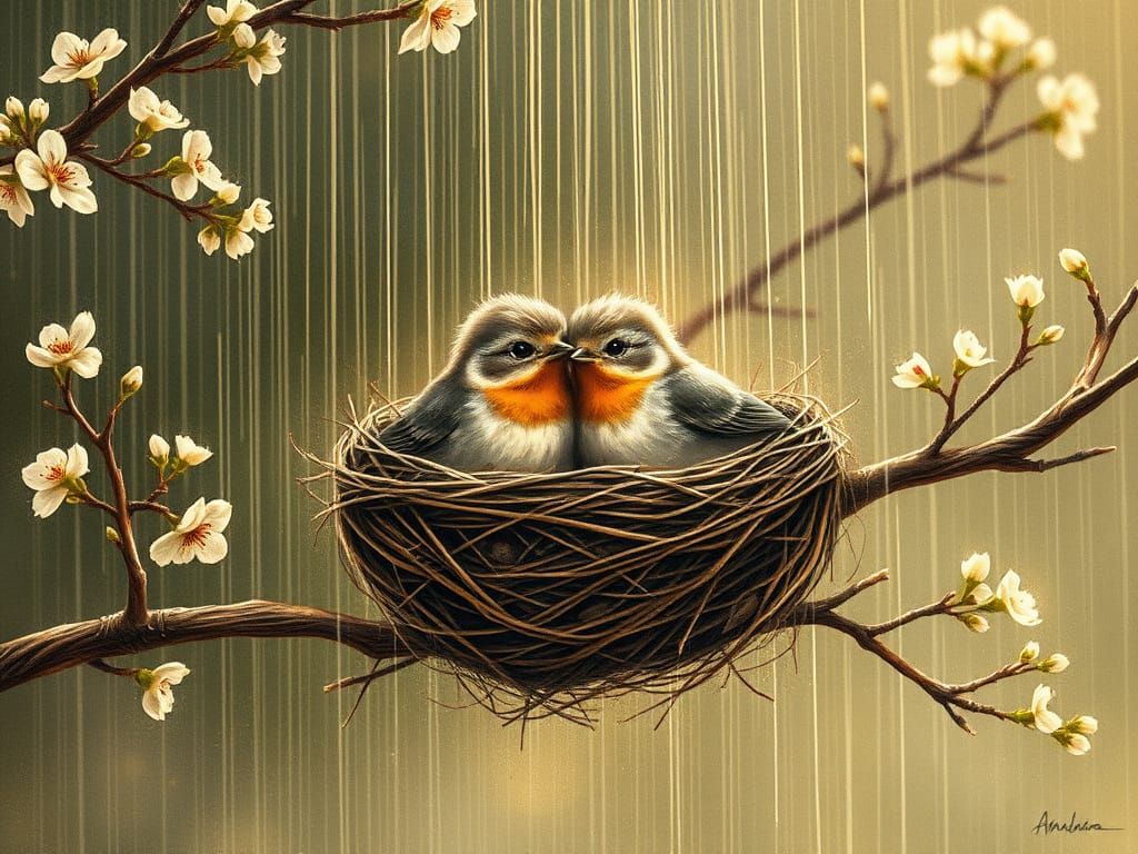 Whimsical Robins in a Rainy Spring Scene