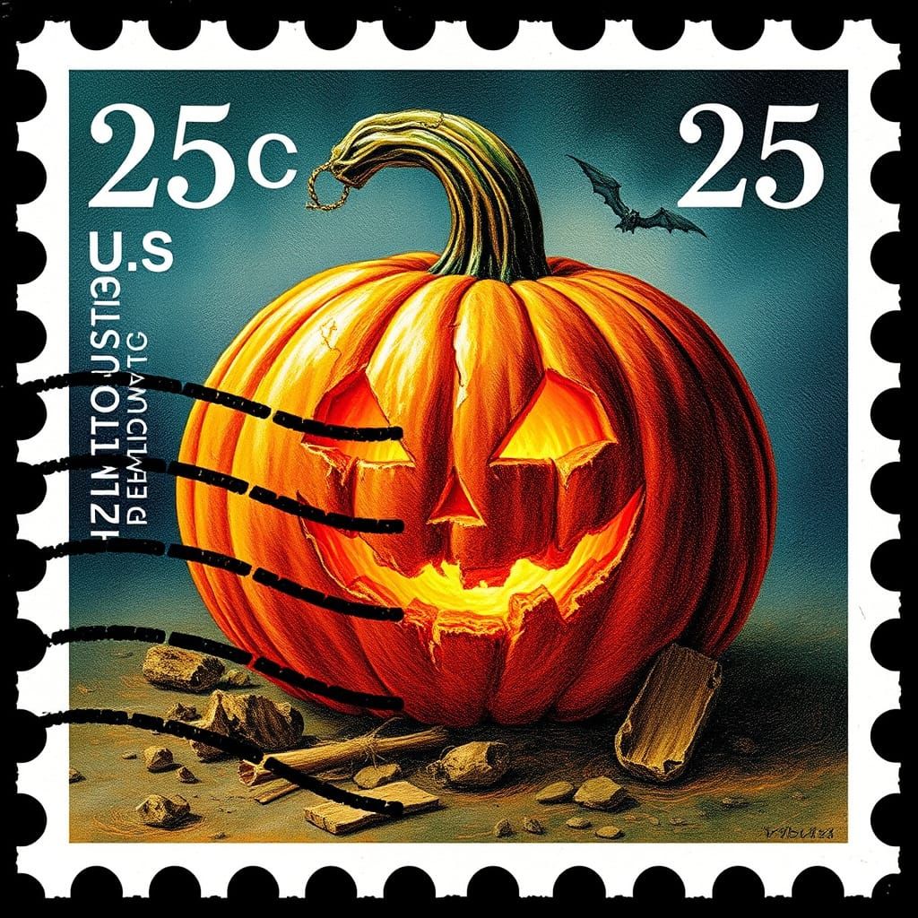 Halloween Jack O'Lantern Postage Stamp Art