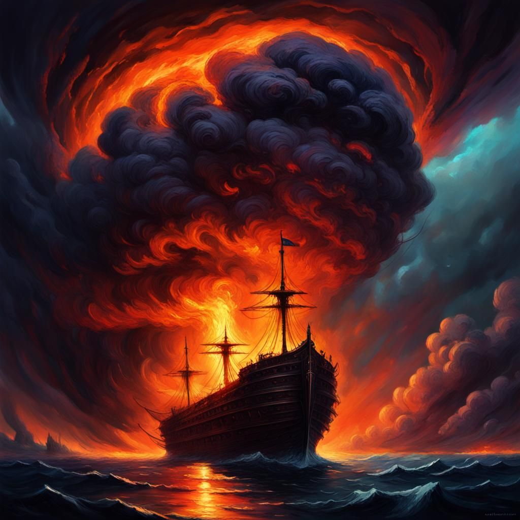 Burning Ship Under Black Sun: Fantasy Matte Painting