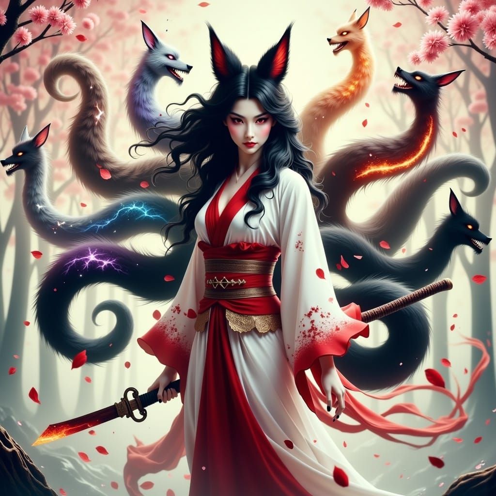 Kitsune Goddess in Crimson Kimono with Golden Embroidery