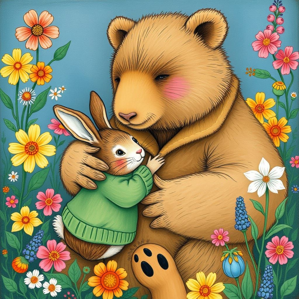 Rabbit and Bear Embrace in Floral Wonderland