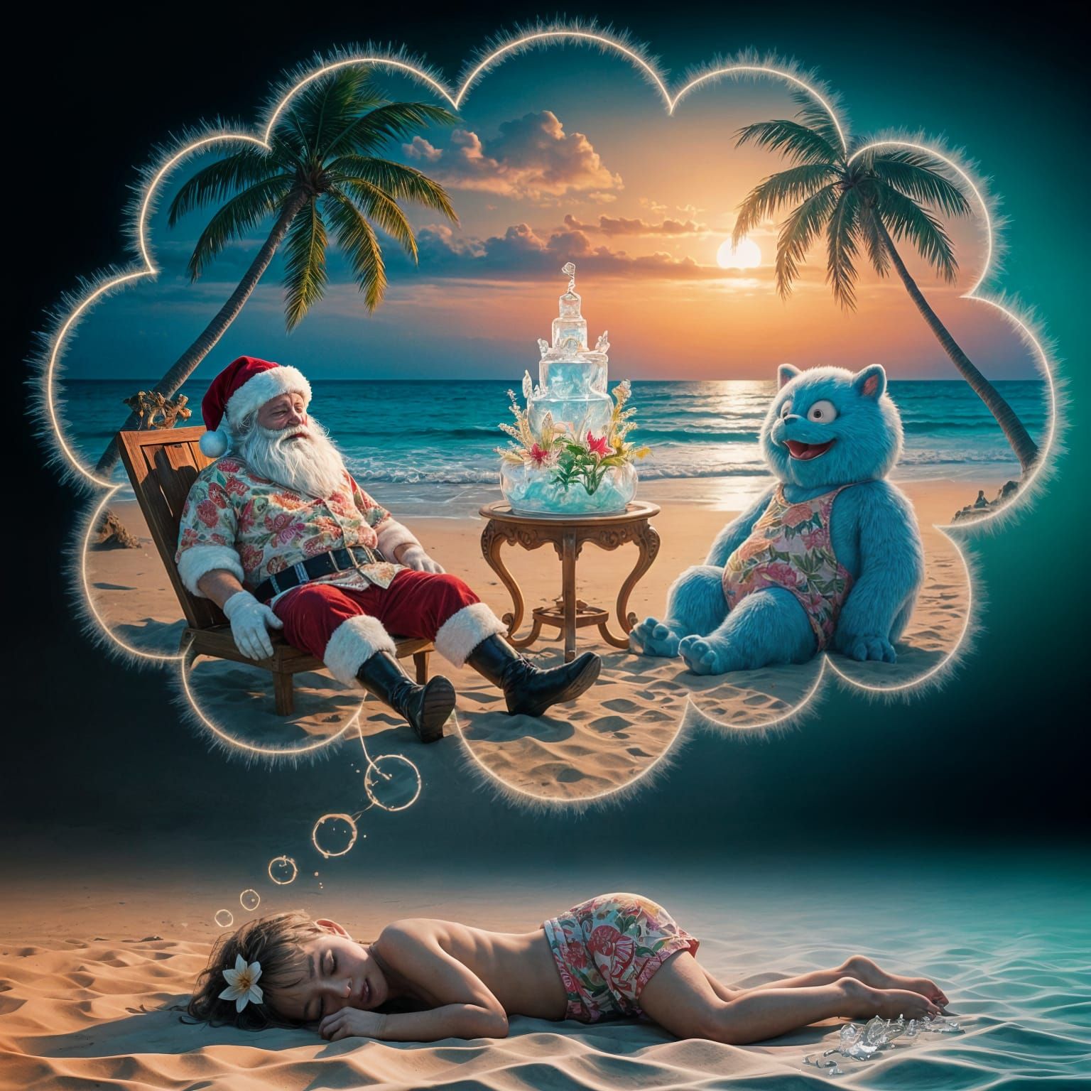 Santa and Furry Monster Relaxing on Beach Dreamscape