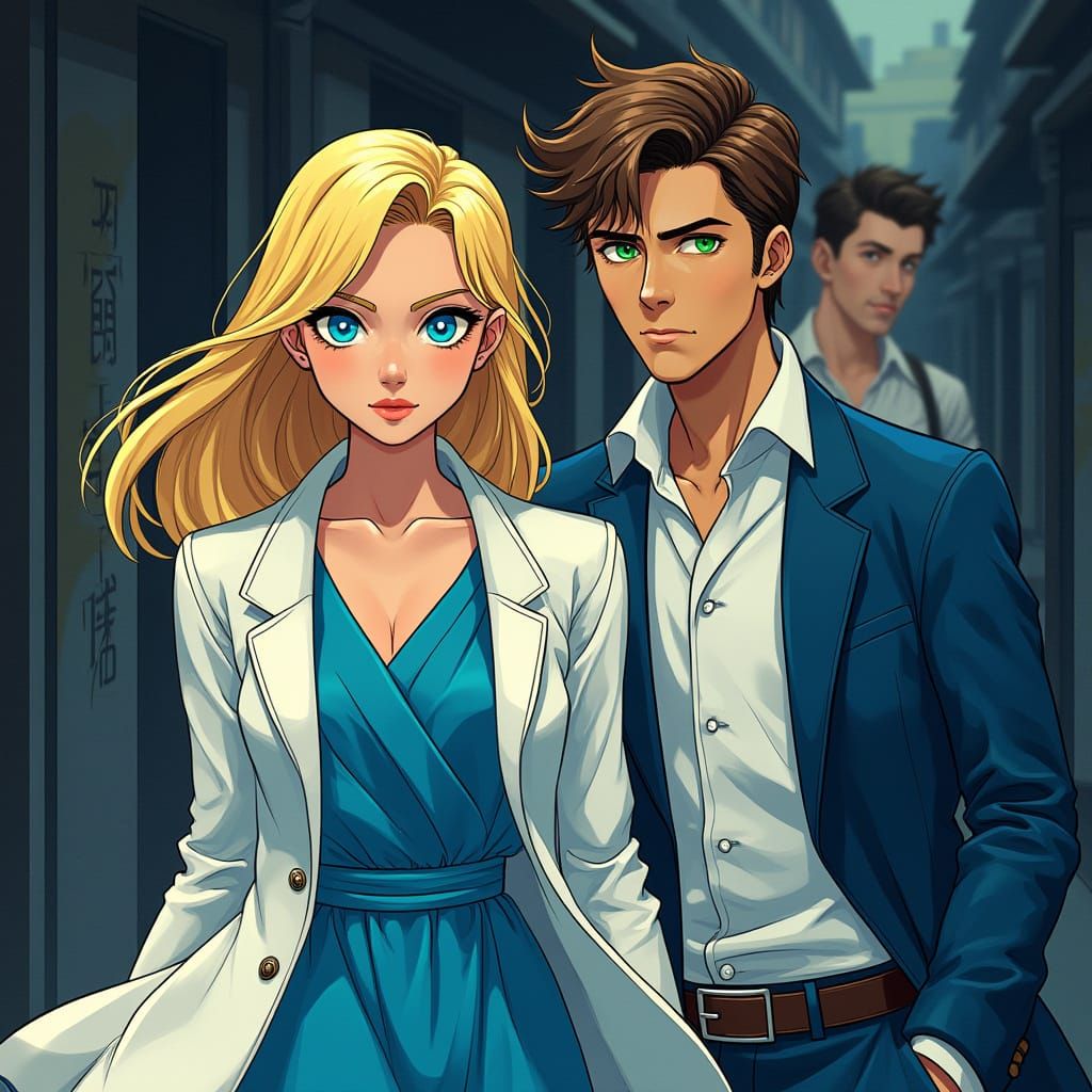 Couple Walks Beside Mysterious Figure in Vibrant Anime Lands...