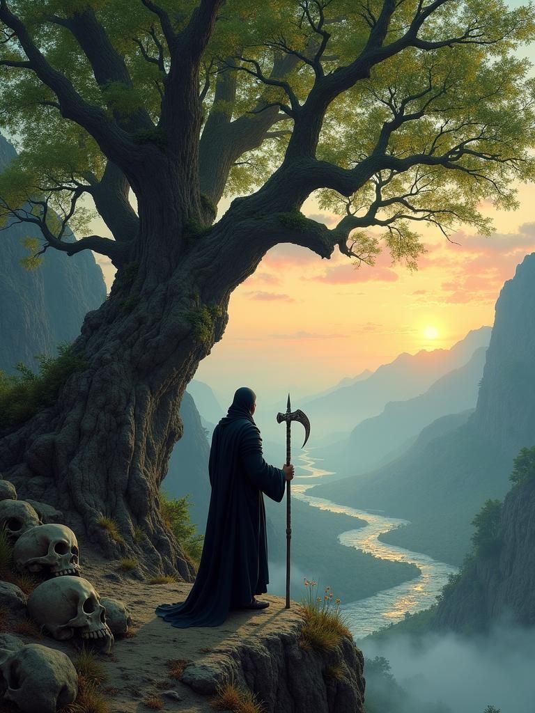 Ancient Tree Dividing Light and Darkness on Cliff Edge