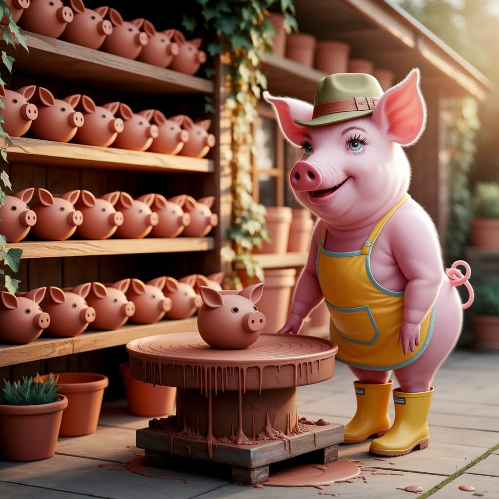 Pink Pig Potter in Sunlit Shed: Digital Art