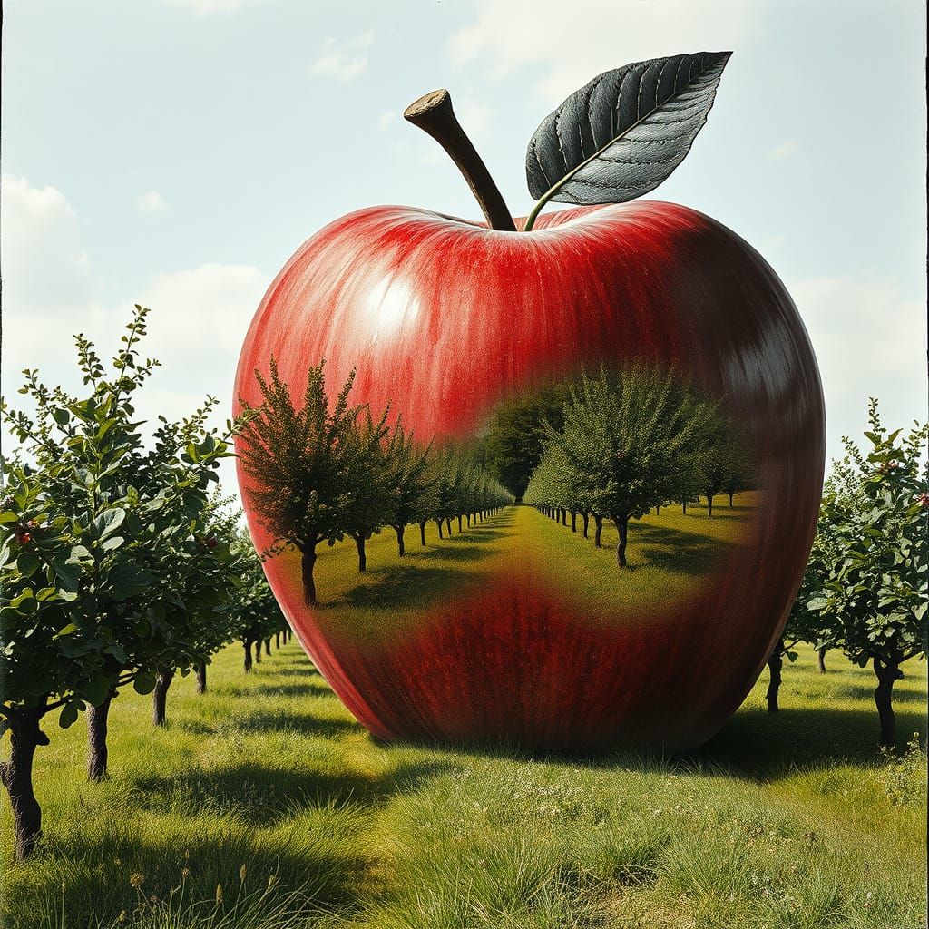Hyper-Realistic Apple Orchard in Summer, Blending Charcoal T...