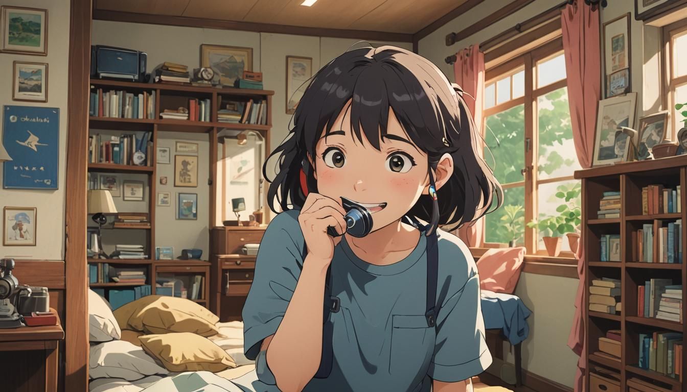 Cute Ghibli-Style Girl Plays Harmonica