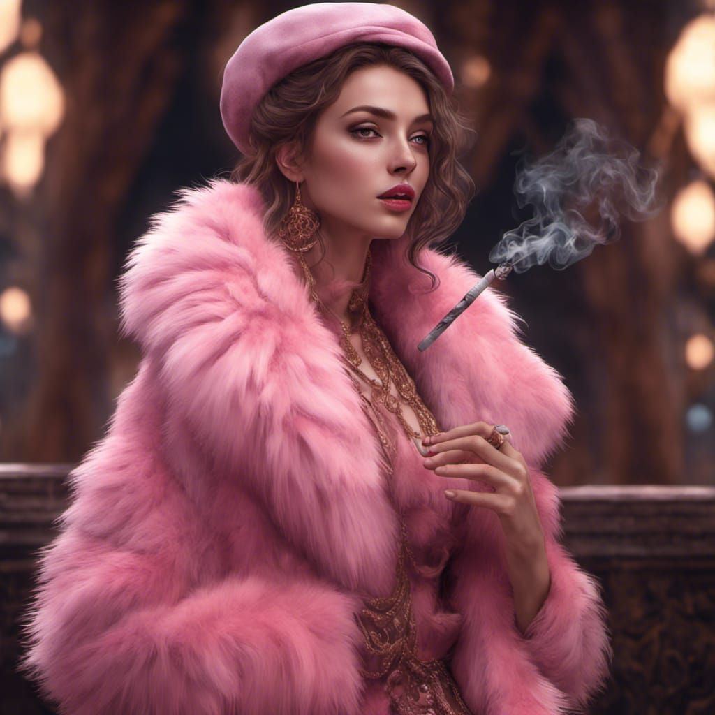 Girl in Pink Fur Smoking: Detailed Digital Art