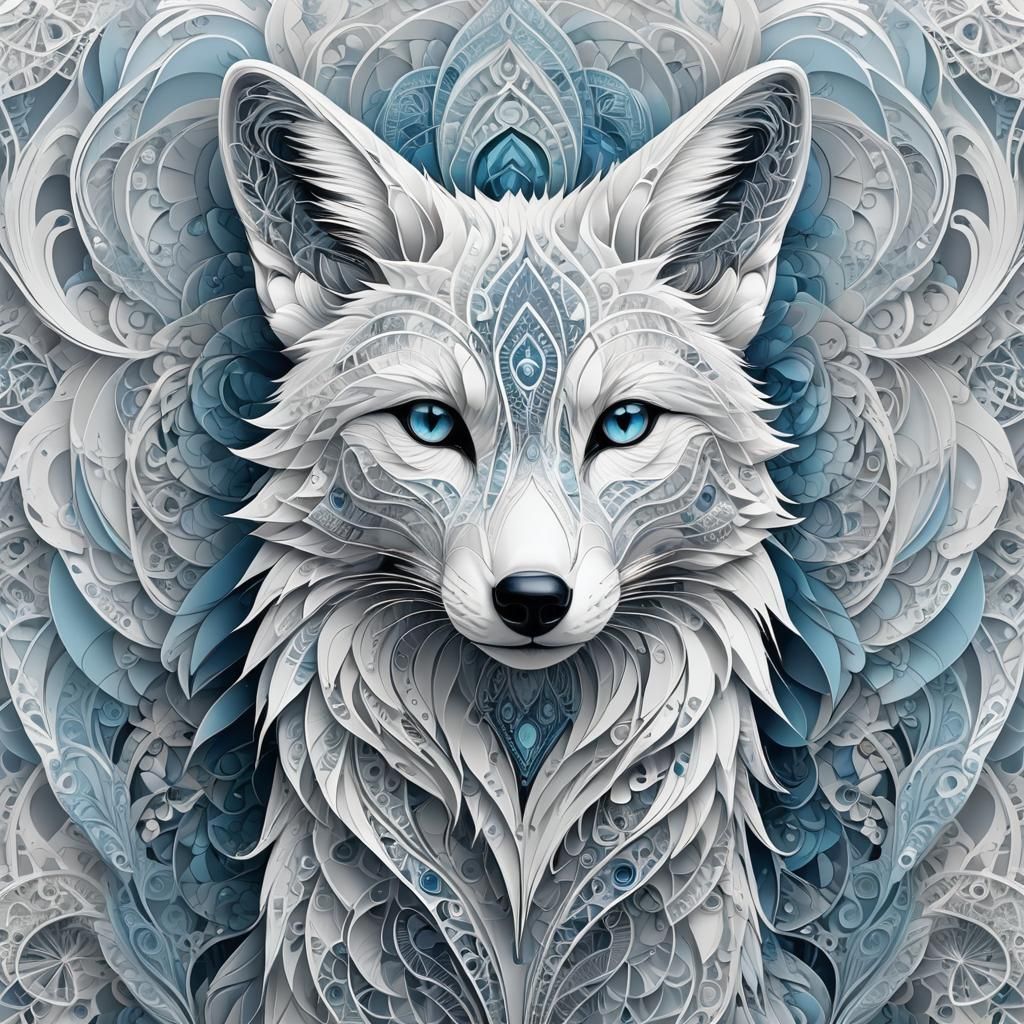 Abstract Fractal White Fox Portrait in Zentangle Style