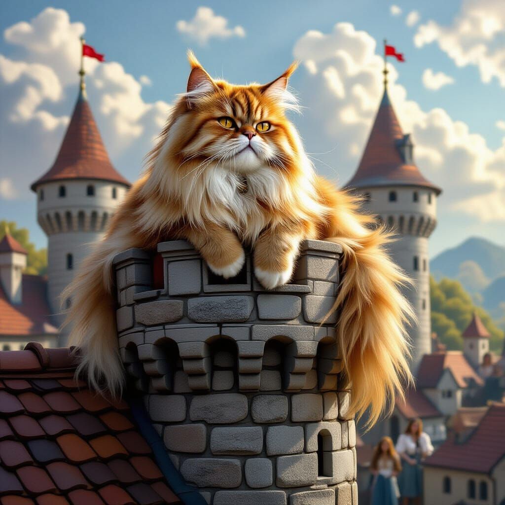 Majestic Giant Cat Overlord on Castle Roof