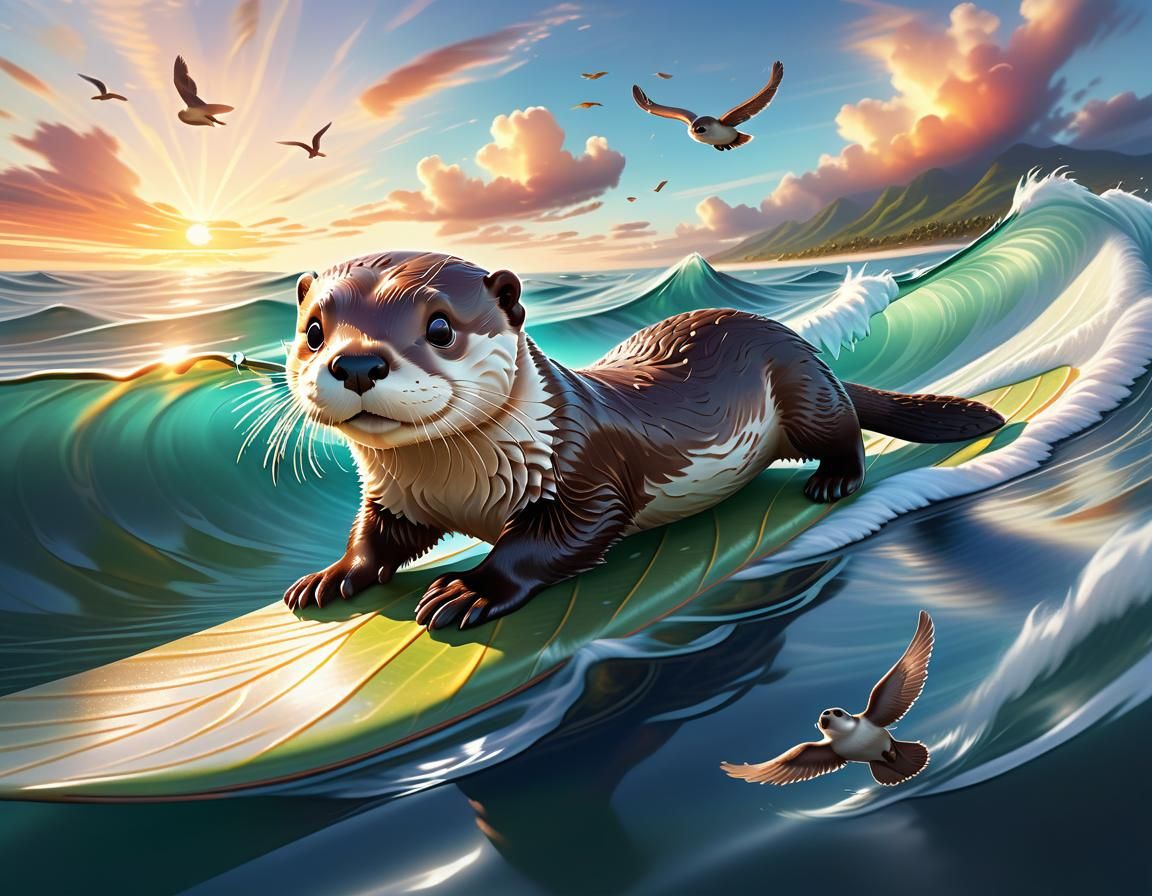 Joyful Otter Surfing Ocean Waves: Digital Art