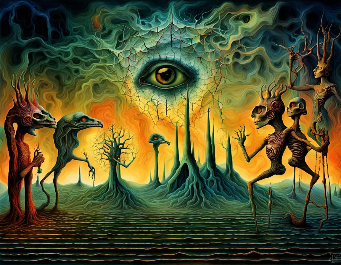Two yellow elves with lapiz lazuli psilocybe clock heads, Me...