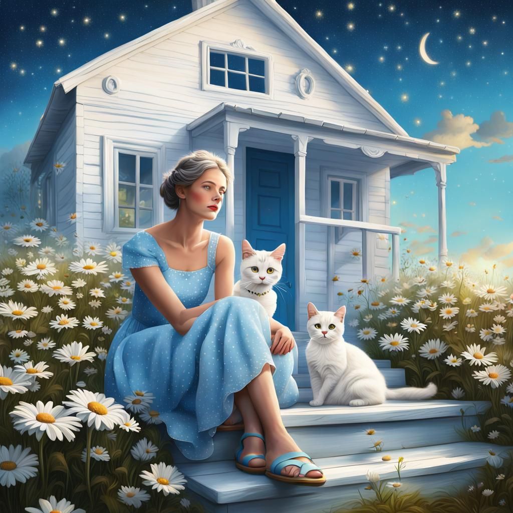 Flowered Landscape with Lady and Cat, Detailed Matte Paintin...