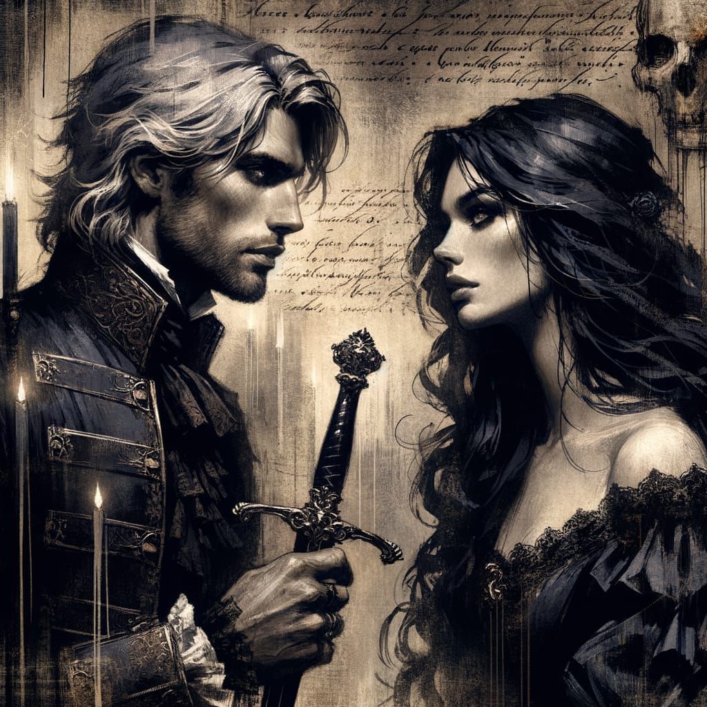 Gothic Warrior Couple Painting in Mixed Media Style