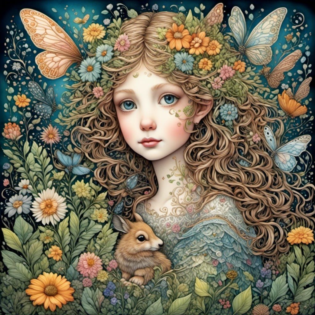 Forest Nymph in Naive Art Style Illustration
