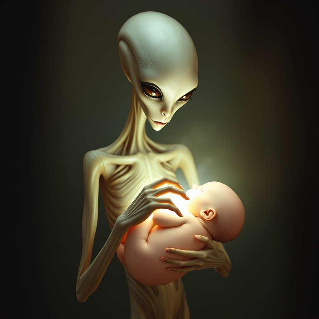 A Slender Alien Cradles Newborn Human in Ethereal Surrealism