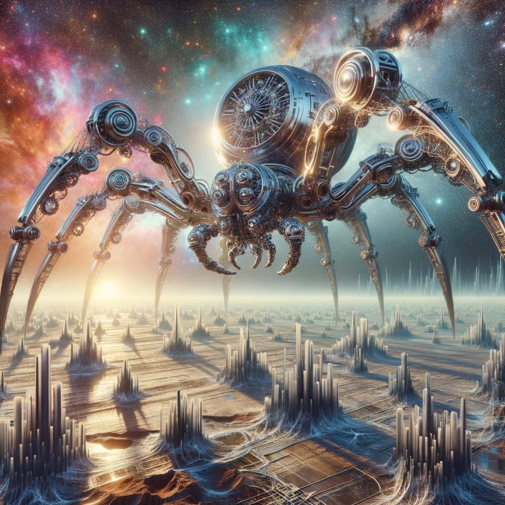 Colossal Chrome Spider Descends on Alien World