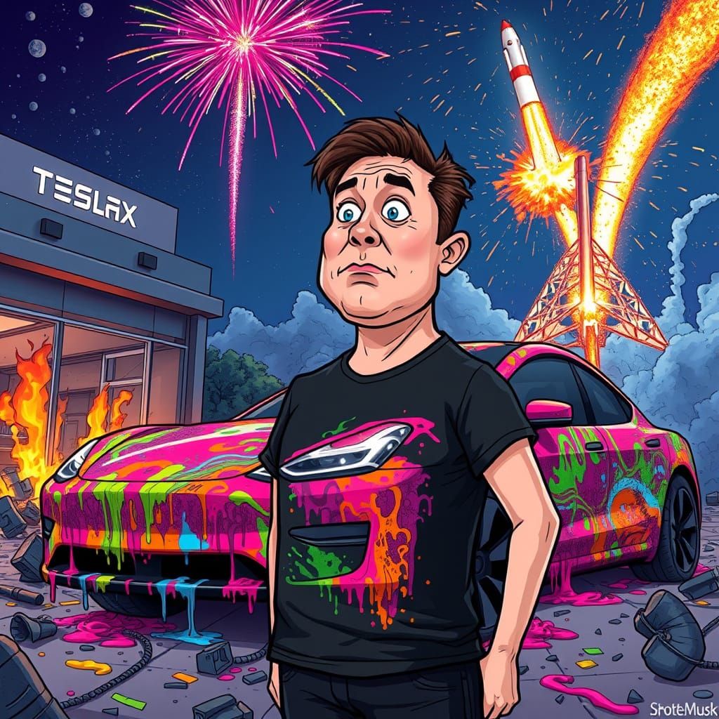 Cartoon Elon Musk Amidst Cyberpunk Chaos