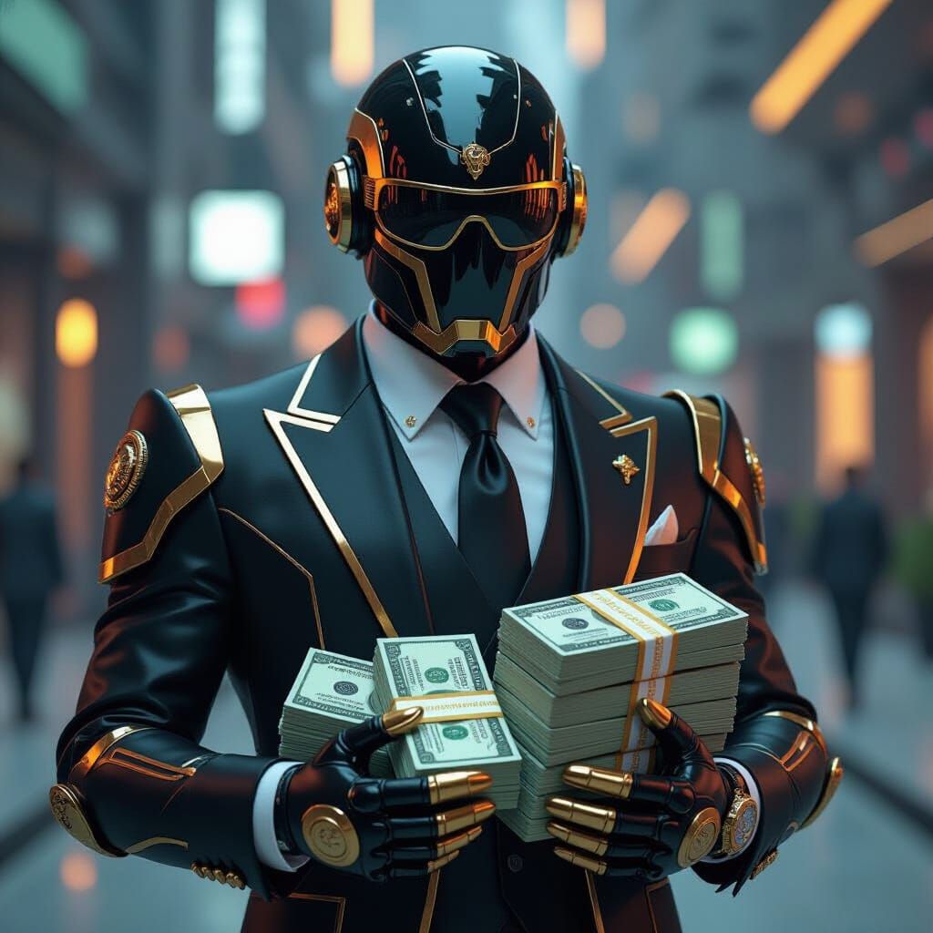 Wealthy Black and Gold Bot Flaunts Cash in Futuristic Style