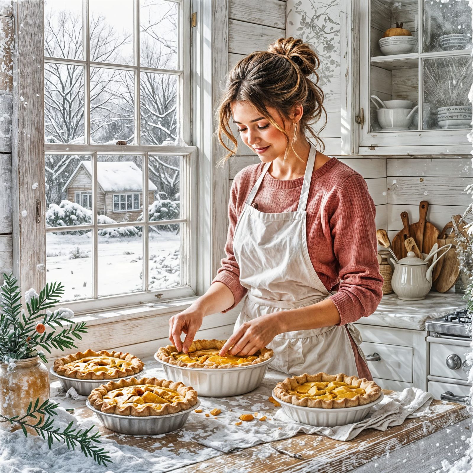 Winter Farmhouse Kitchen Sweet Potato Pie, Watercolor