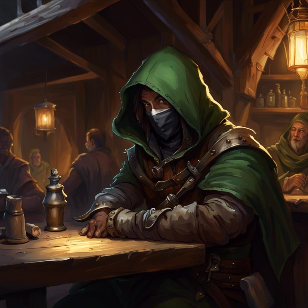 Hooded Rogue in Tavern: Fantasy Art, Dagger Contemplation