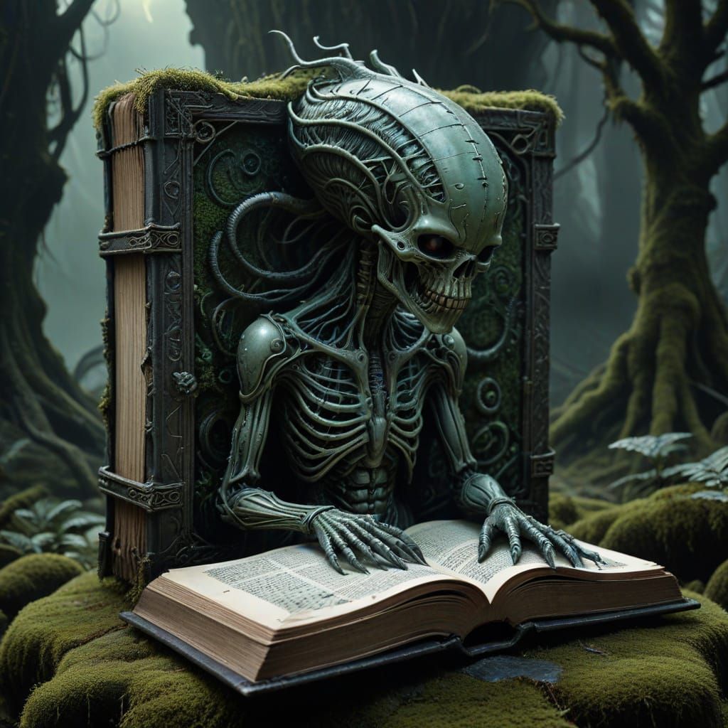 Ancient Grimoire on Stone Altar with Eerie Flora