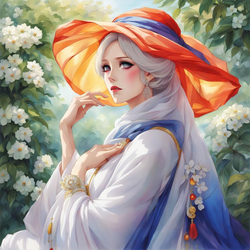 Glamorous Lady in Vibrant Headscarf, Anime Style