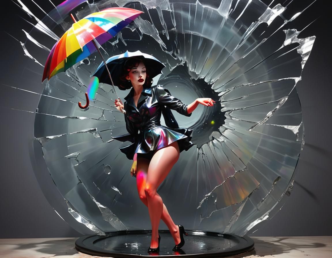 Kpop Pinup Falling with Umbrella in Dark Shadows
