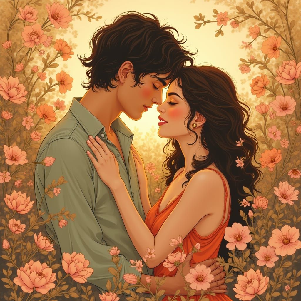 Romantic Embrace in Art Nouveau Style