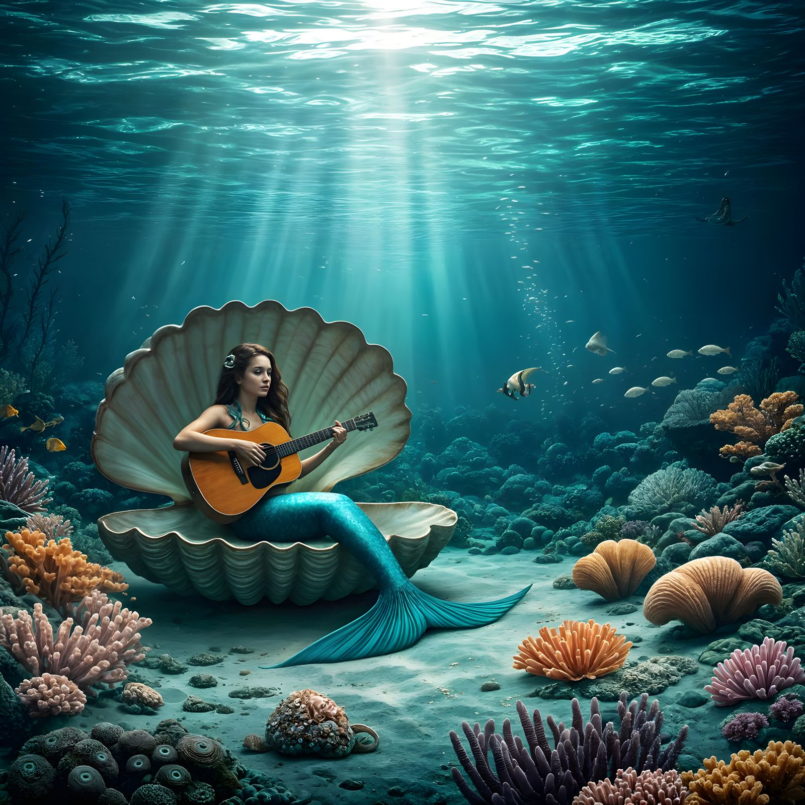 Serenely Beautiful Mermaid Plays Guitar in Underwater Oasis