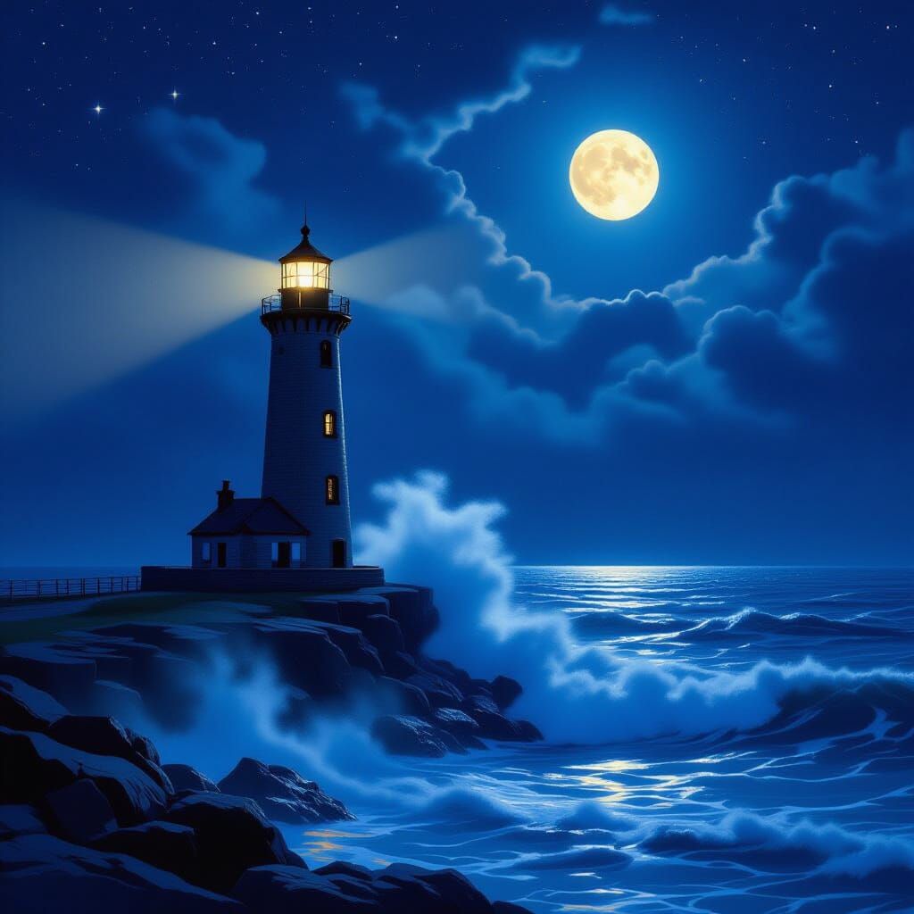Dramatic Lighthouse at Night Under Moonlight